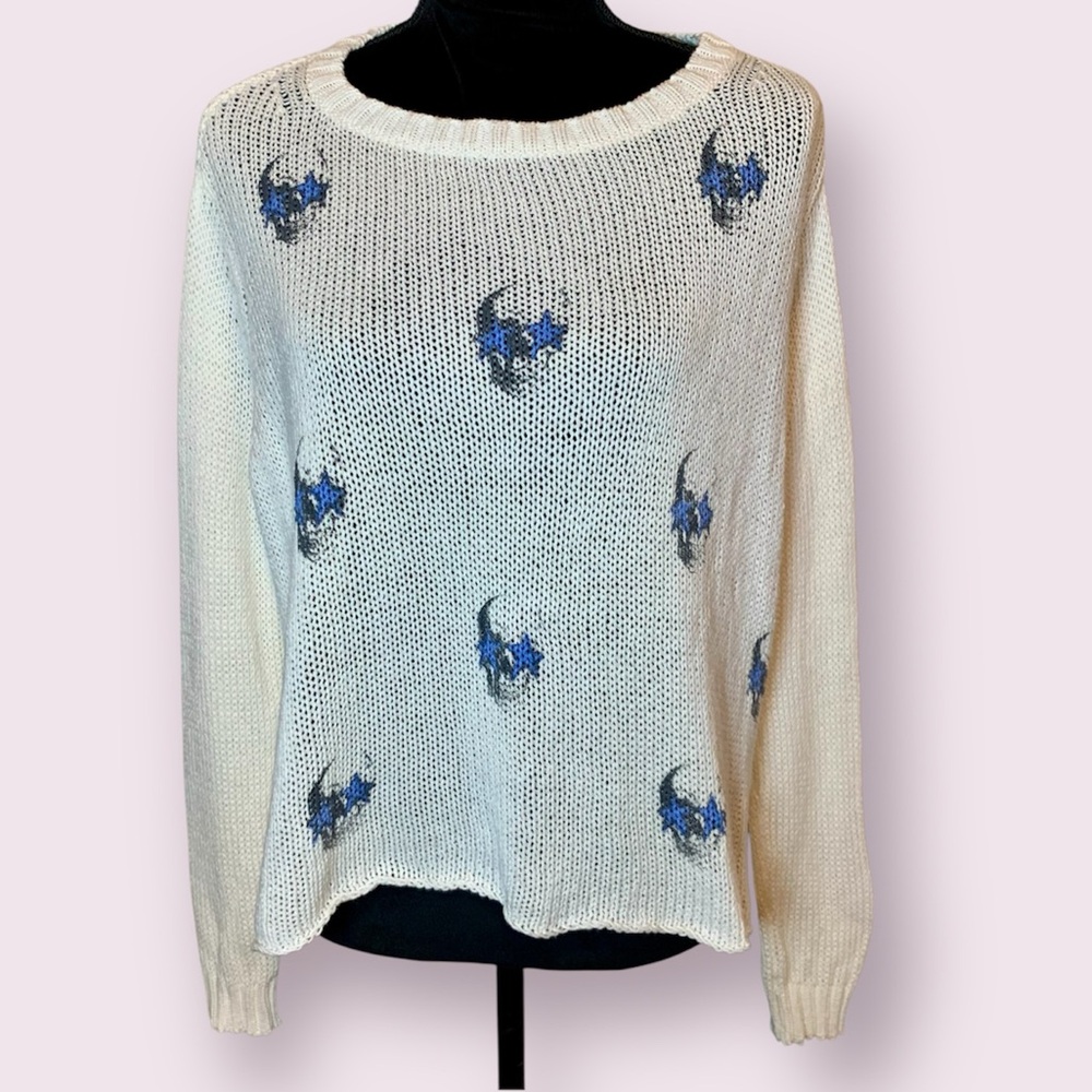 Wooden Ships Skull Print Sweater Loose Knit White Oversized XS